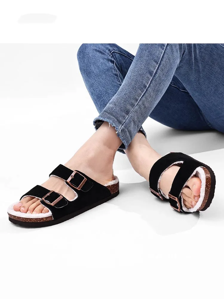 Women's Cork Clogs With Double Buckle And Warm Fleece Lining_voghion.com