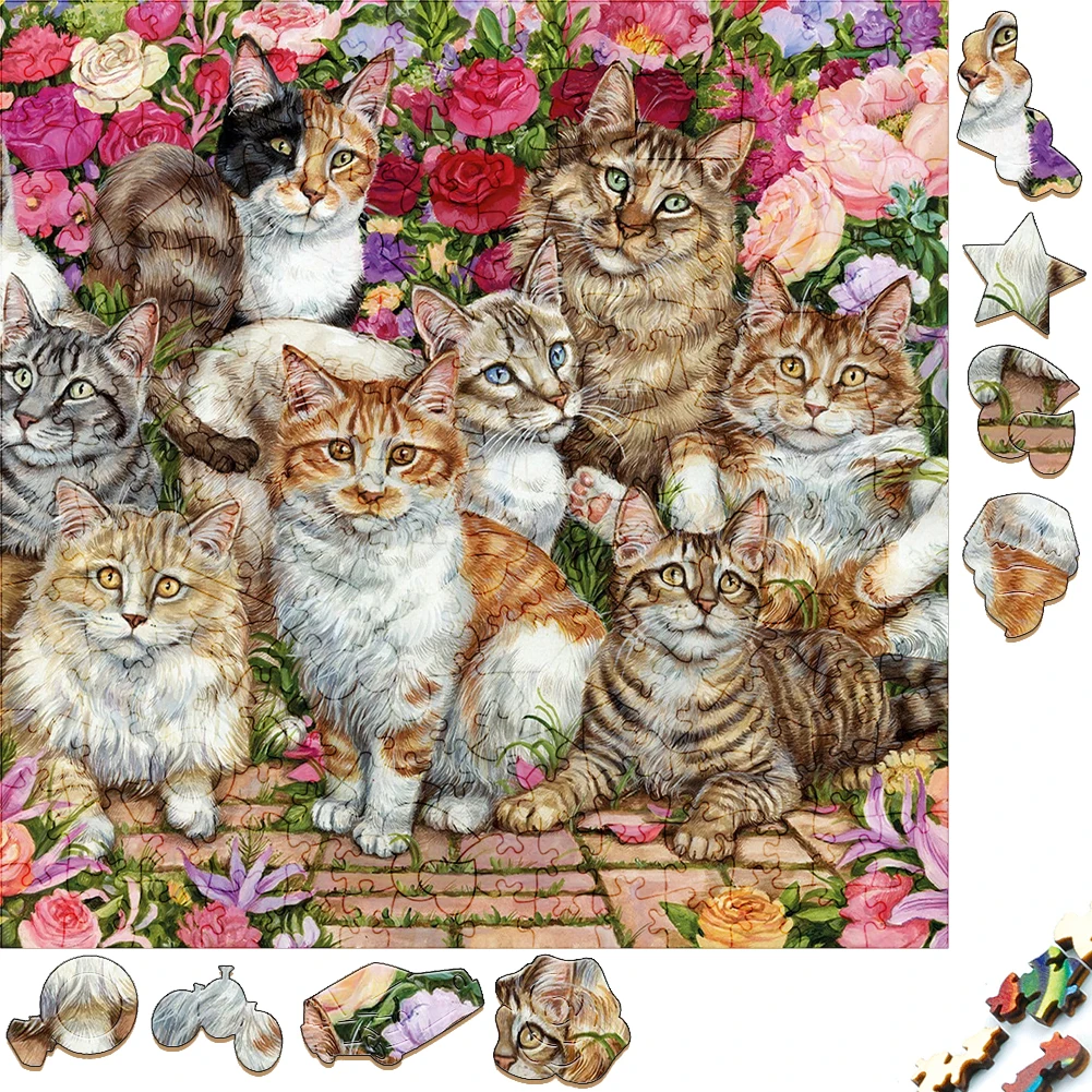 Creative Wooden Puzzle Cute Cat Family Party Funny Toy Animal Wood Puzzles Smart Games Shaped Jigsaw Puzzle Best Gift For Kid animal wooden jigsaw puzzles christmas pink cat family collection wood puzzle unique popular interesting puzzle for kids gift