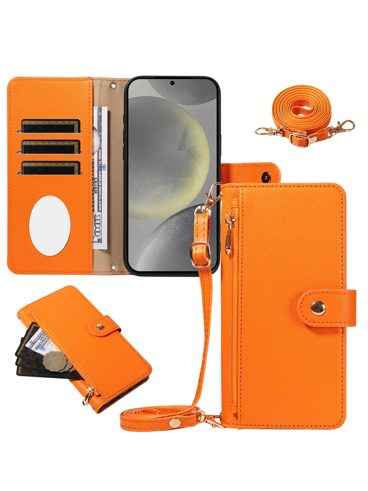 Protective Zipper Wallet Phone Case with Makeup Mirror and Crossbody Bag in Faux Leather
