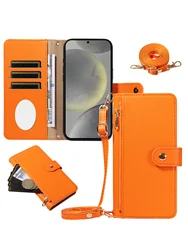 Protective Zipper Wallet Phone Case with Makeup Mirror and Crossbody Bag in Faux Leather - Galaxy A03 Core (Orange)