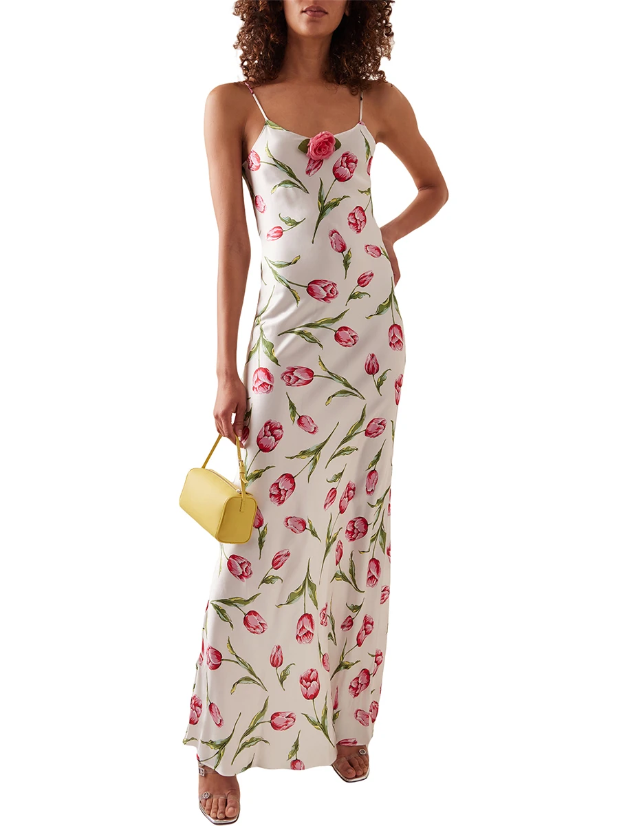 

Женское винтажное Цветочное платье, элегантный цветочный сарафан на бретелях-спагетти с открытой спиной, сексуальное облегающее платье макси с запахом, модель Y2k