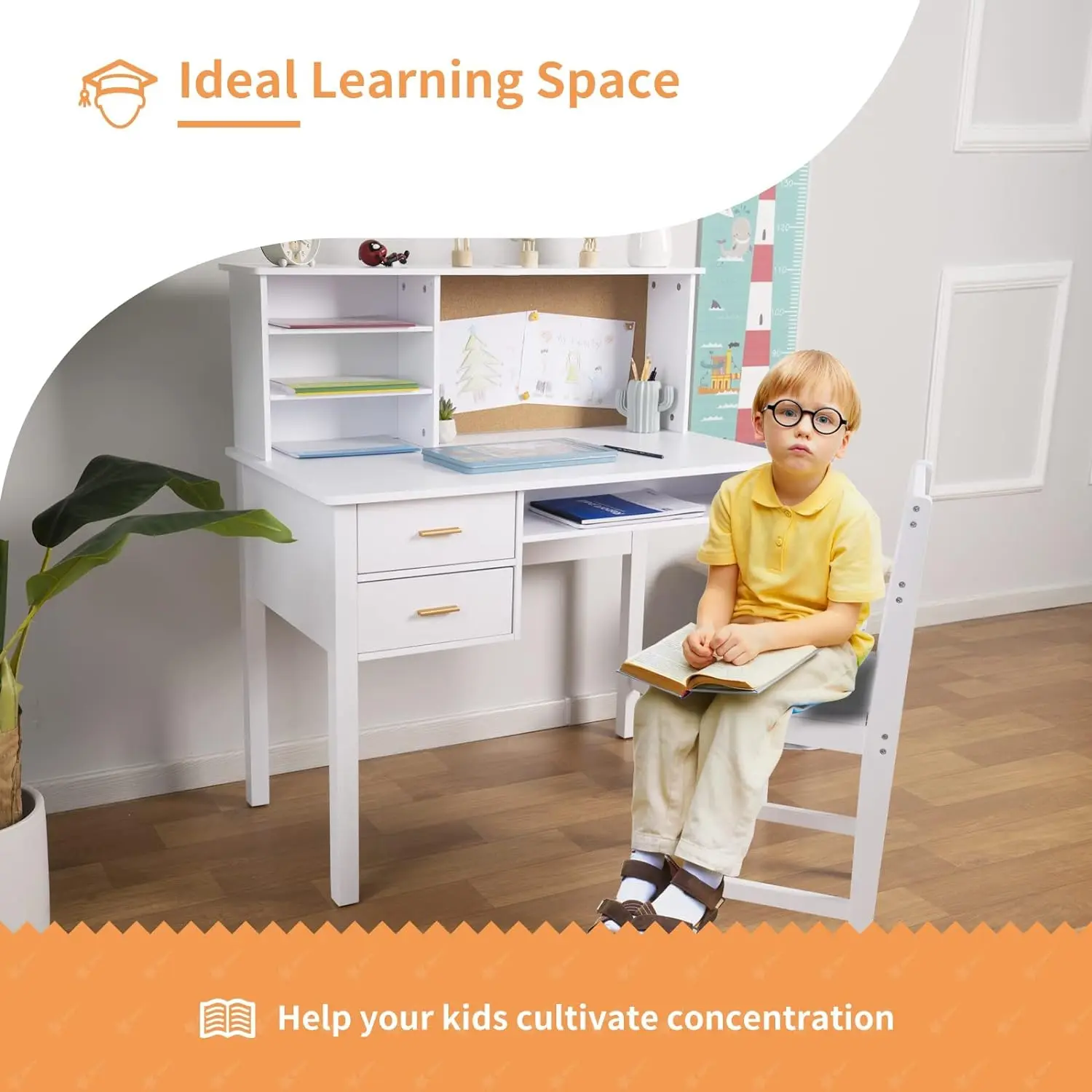 Wooden children's study table Children's table and chair set with cabin/drawer and bulletin board student study computer