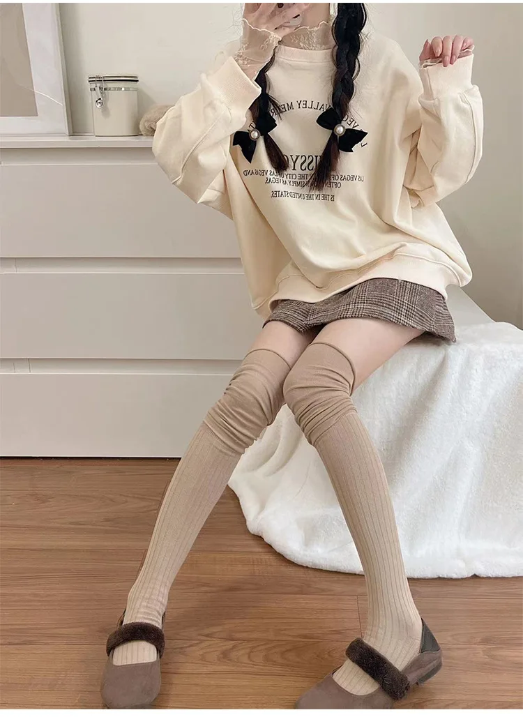 여성용 두꺼운 단색 로리타 양말, 귀여운 JK 허벅지 높이 스타킹, 블랙 화이트 긴 양말, 패션 미디어, 겨울
