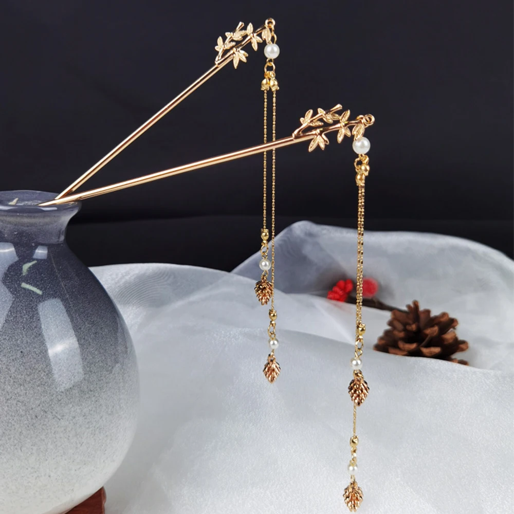 Chinese Hairpins For Women Vintage Bamboo Pearl Hair Sticks Fairy Tassel Golden Retro Hanfu Hair Accessories