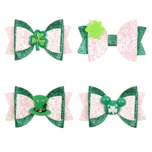 

CN 3 inch St. Patrick 's Day Hair Bow For Girls Kids Festival Hair Accessories Shamrock Printed Ribbon Bowknot Hairgrips