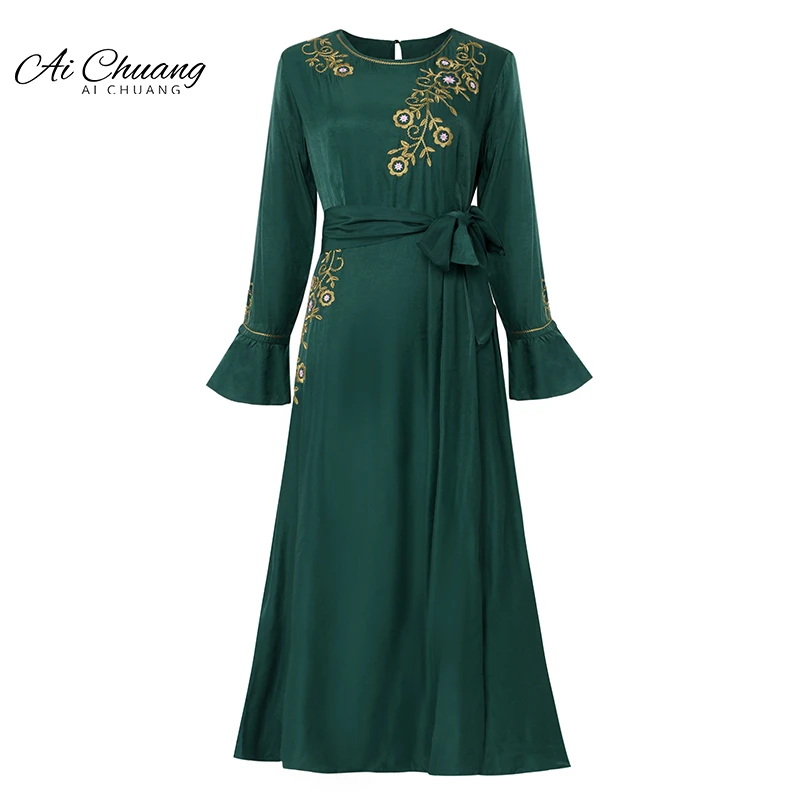 Elegant Muslim Party Long Dresses Women With Sashes Islamic Clothing