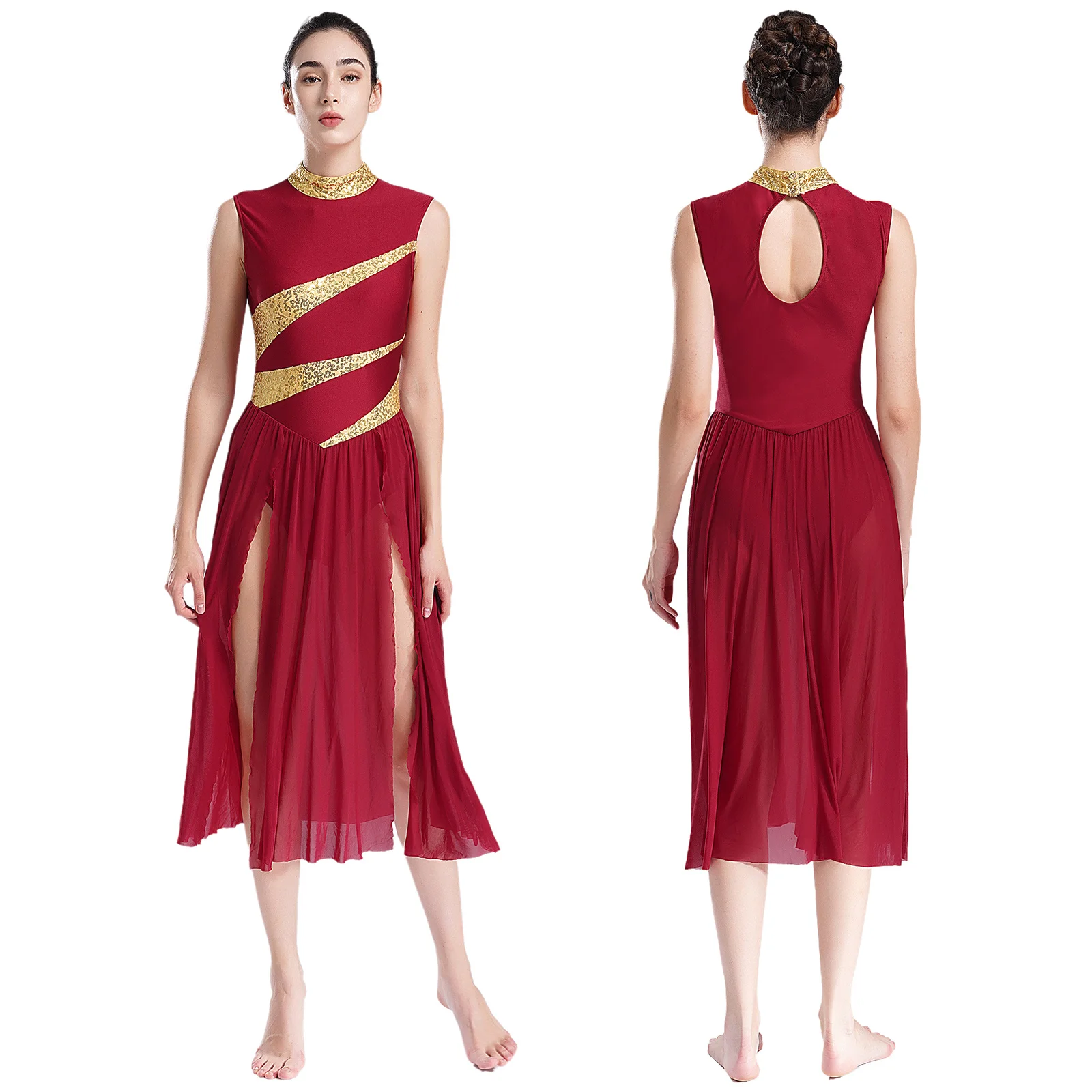 thumbnail image 1 of Vestido de baile lírico de Ballet con lentejuelas brillantes para mujer, leotardo dividido de malla de tul, disfraz de baile litúrgico de Iglesia, 1 of 5