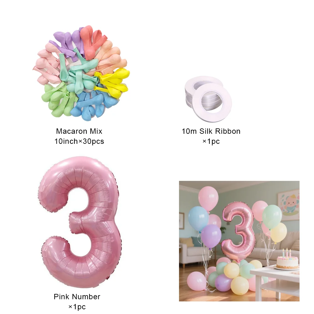 40-Zoll-Set mit rosa Zahlenfolienballons, alles Gute zum Geburtstag, Partydekoration, Kinder, Mädchen, 1–9 Jahre alt, farbiger Macaron-Ballon – Detail 3