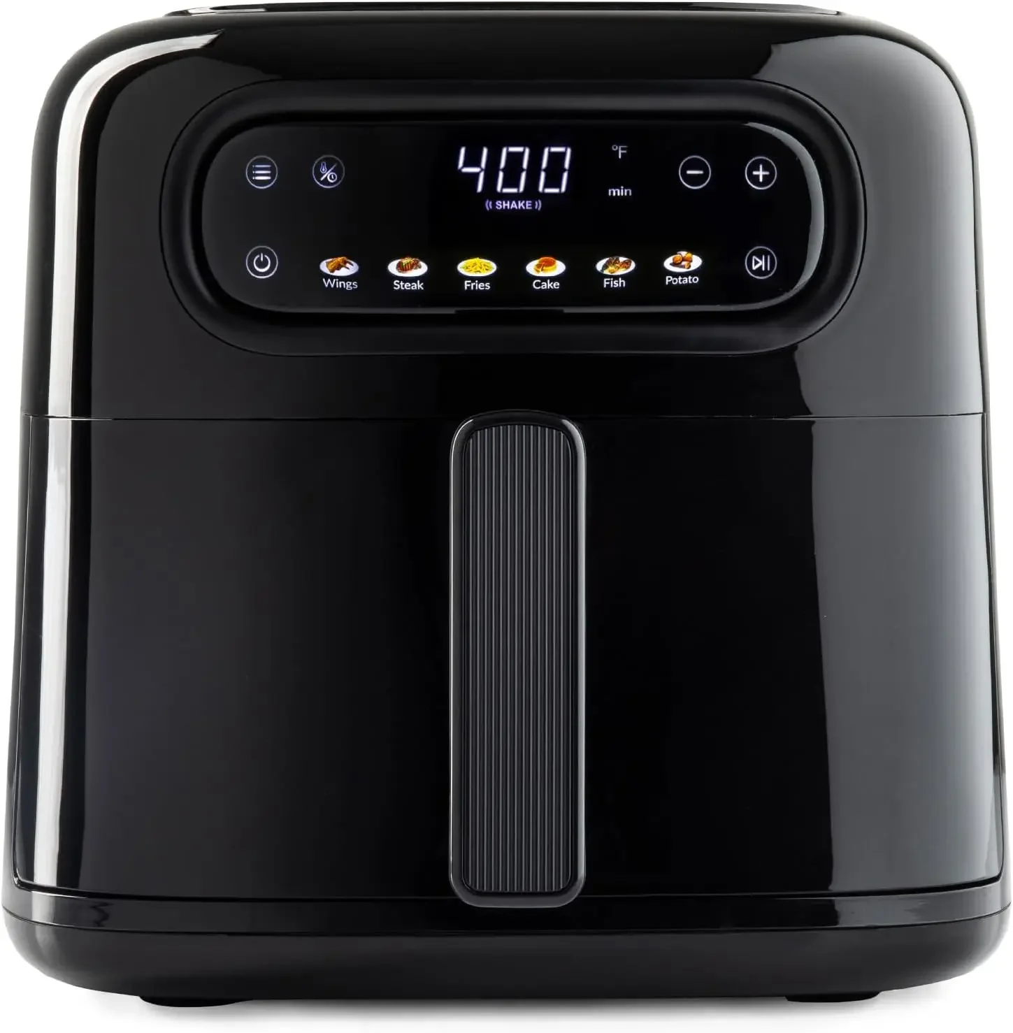 

Compact and sleek 5Qt Air Fryer with space-saving design. Features 6 intuitive presets and modern touch screen with colorful men