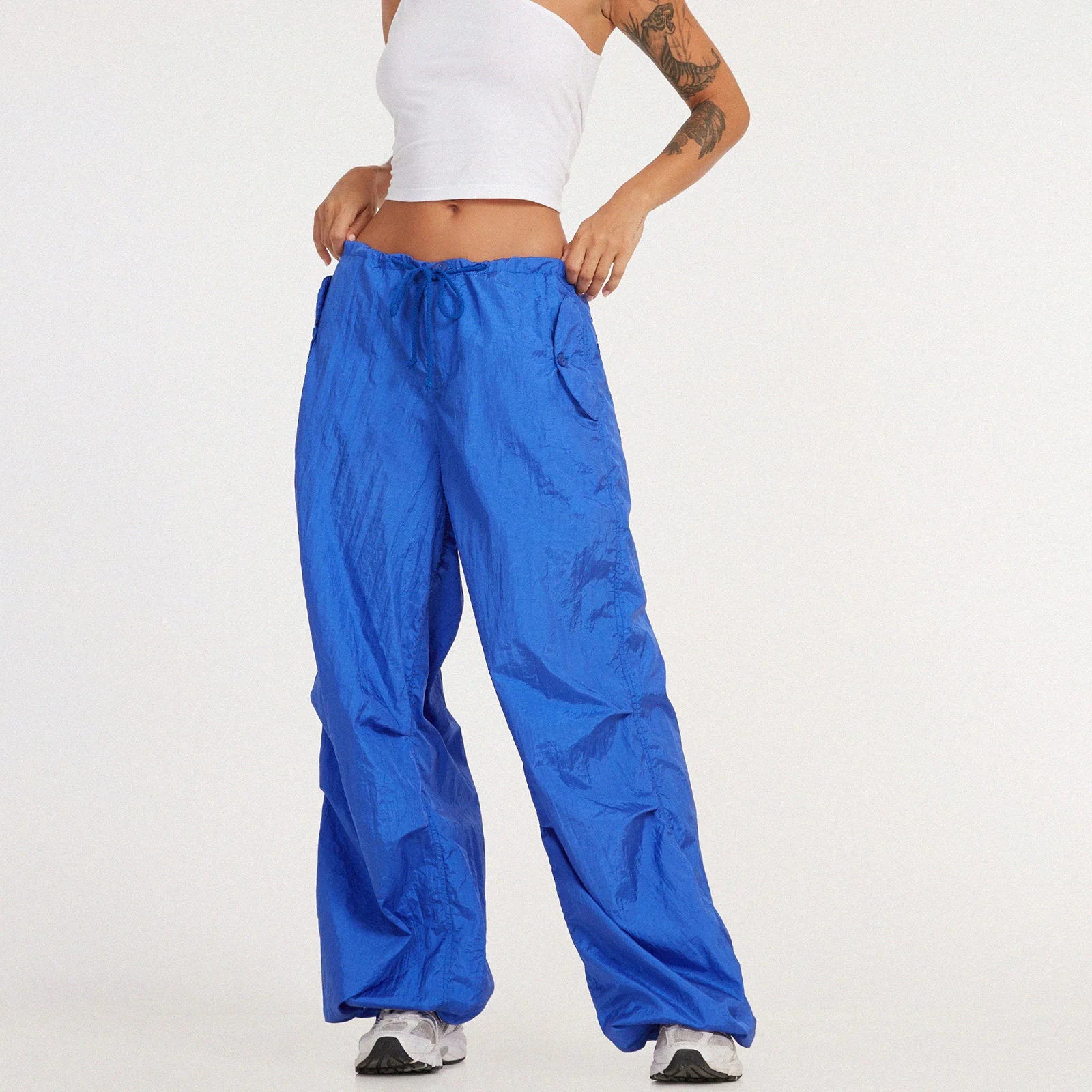 New Fashion Womens Pants Adult Casual Solid Color Loose Fit Drawstring Waistband Pants Female Trousers Club Street Style S M L