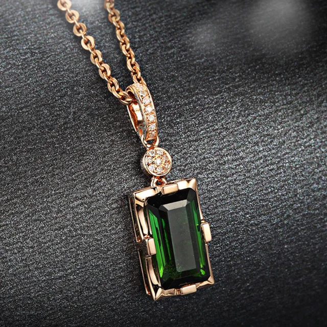 Luxury Fashion Square Crystal Zircon Pendant Necklace for Women Rose Gold Plated Natural Emerald Tourmaline Necklaces Jewelry