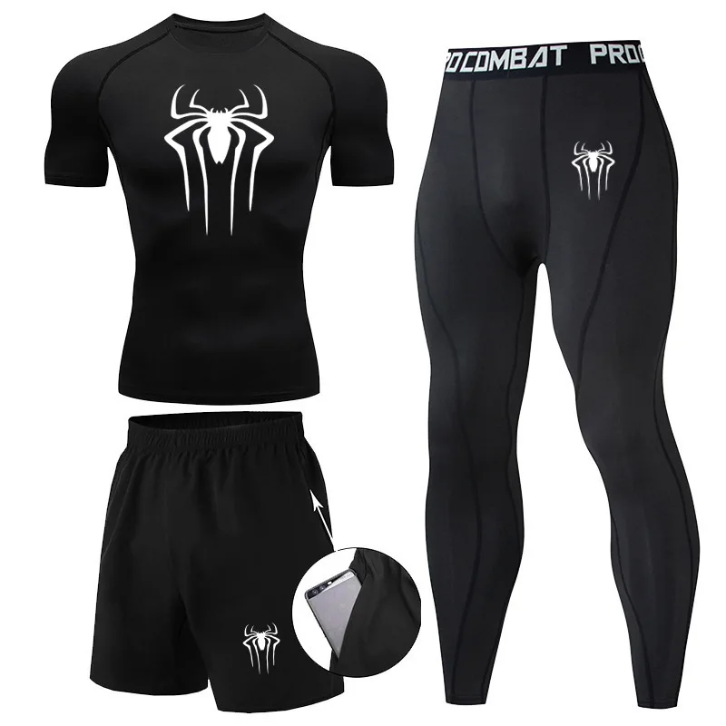 

Men 3Pc Set Compression Sports Suit Spider Thermal Underwear Long Johns Clothes Running Tracksuit Wear Exercise Workout Tights