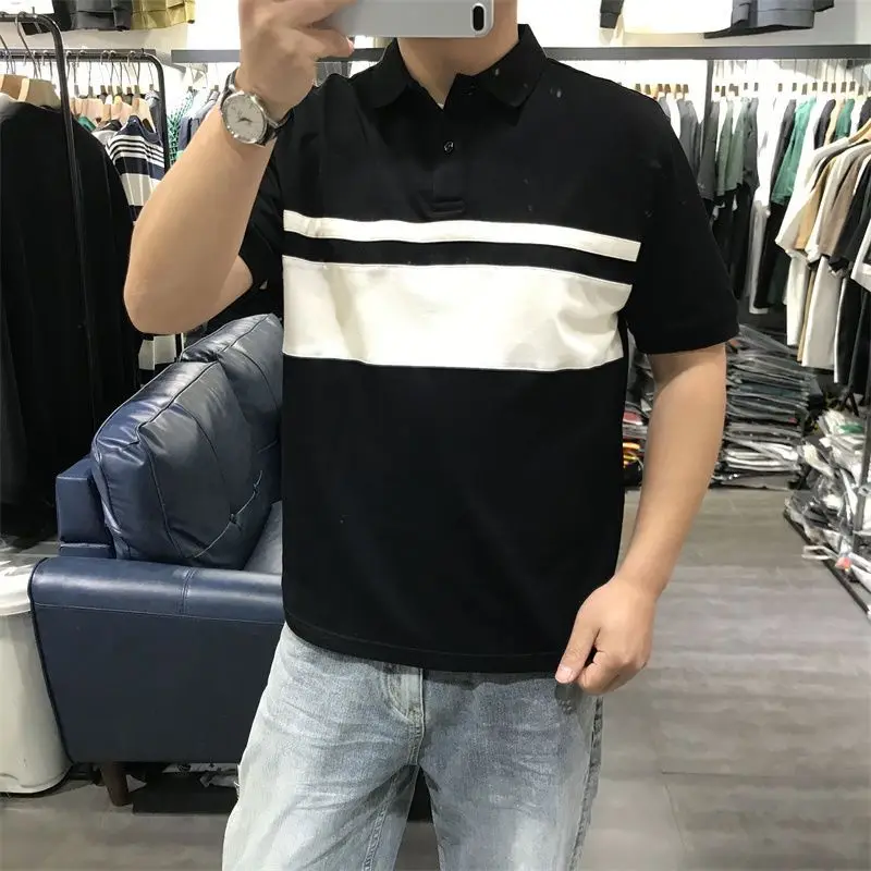 

Summer new style lapel striped polo shirt mens short-sleeved loose elastic casual color-blcked half-sleeved T-shirt youth simple