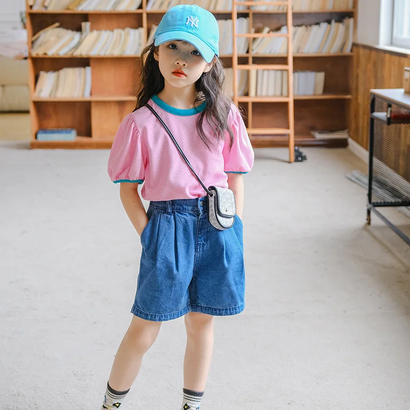 

Girls 2023 Summer Korean Two Piece Sets Cotton Puff Sleeve T-Shirt Denim Shorts Kids Teen Clothing Tees Pants Sold Separately