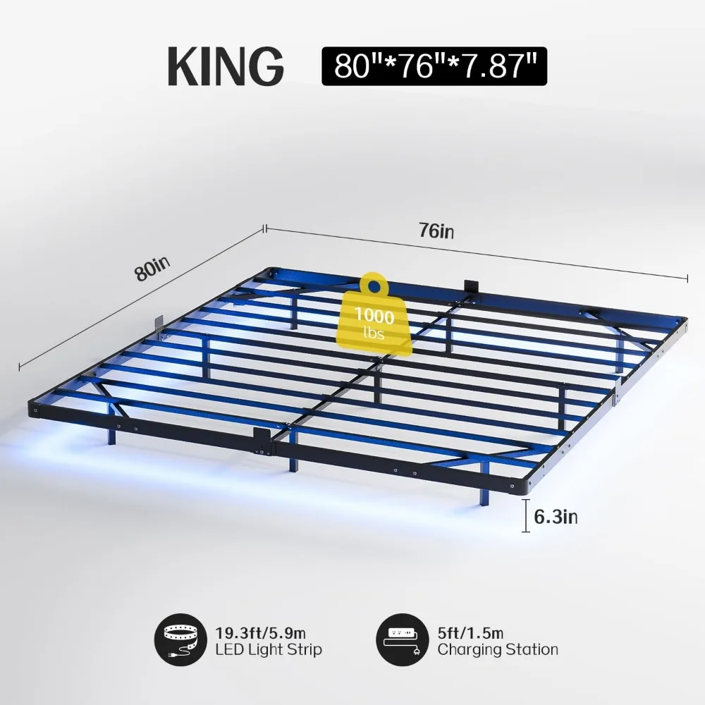 King Size Bed Frame, with LED Lights, USB Charging Station, Noise-Free, No Box Spring Needed, Bed Frame 6