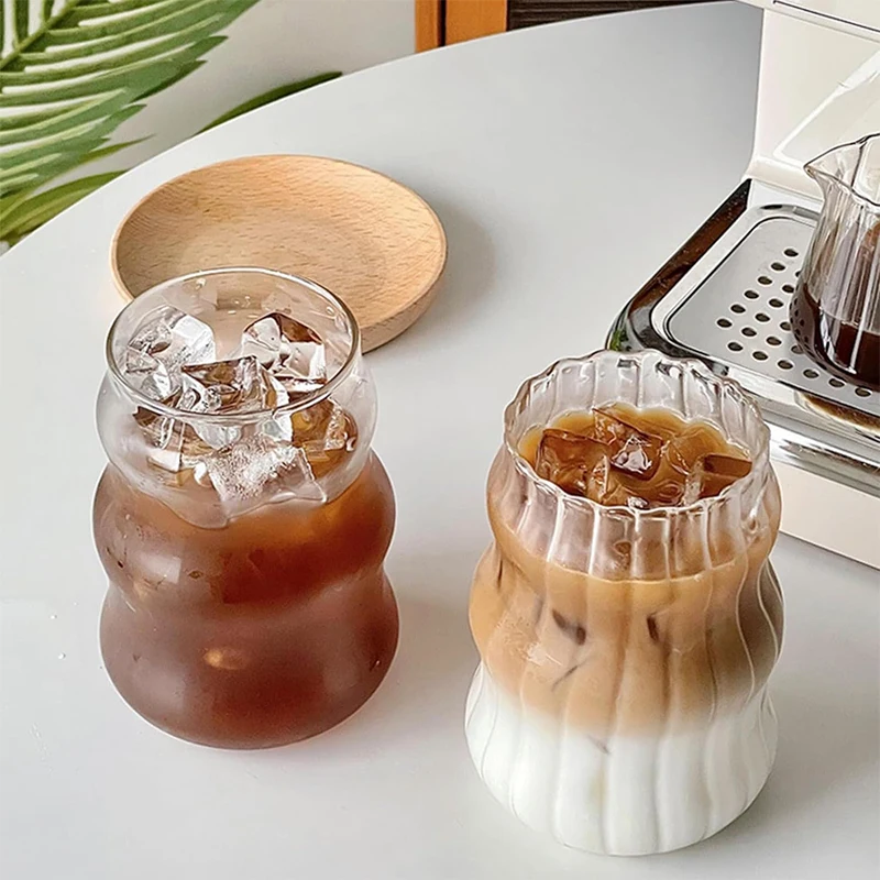 

2pcs Glass Cup 530ml Vintage Glasses Cups Drinking Glassware Ripple Wave Shape Glass Cup for Iced Coffee Juice Beverage Milk