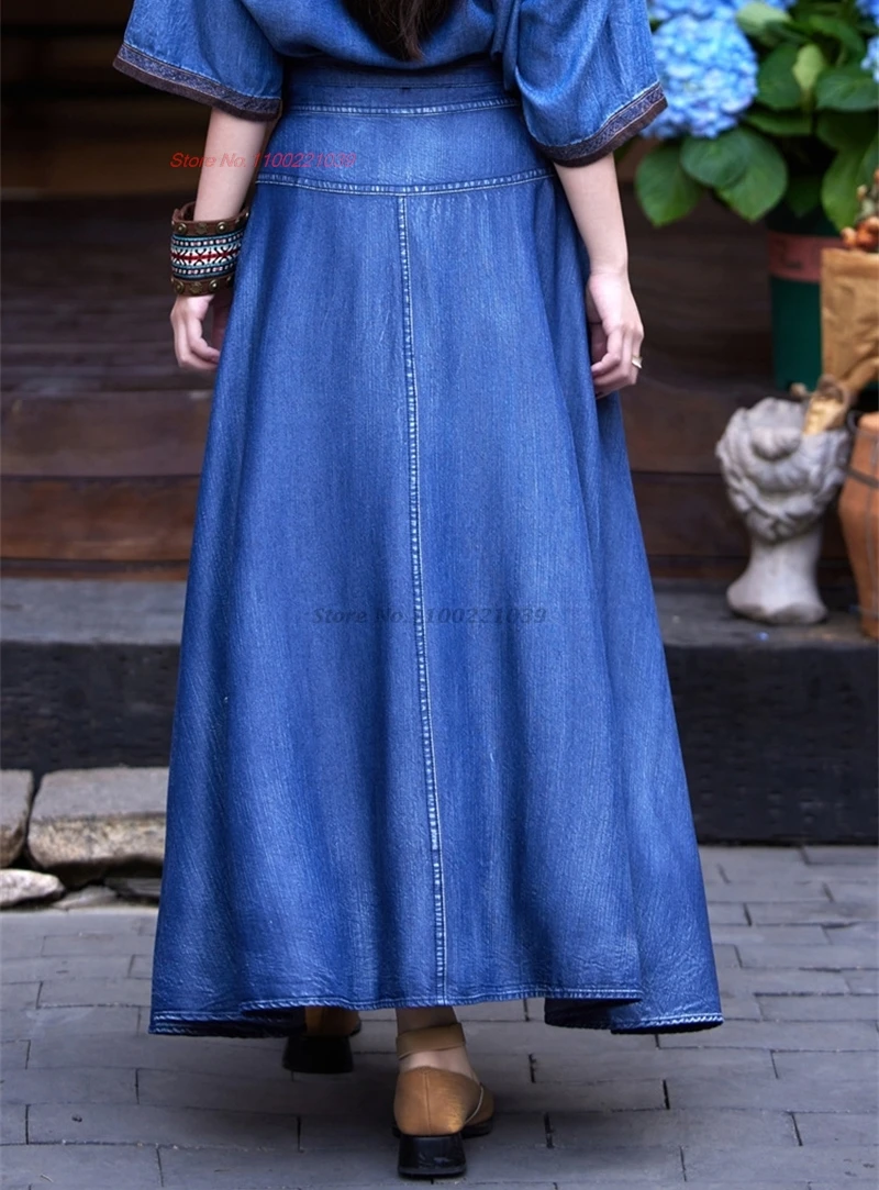 traditional chinese vintage skirt national flower embroidered denim skirt oriental traditional folk a-line streetwear