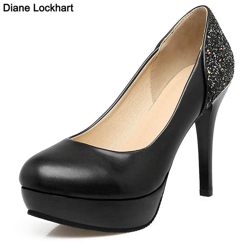 

Большие размеры 44-45; Женские туфли-лодочки; Пикантные модные ткань с украшениями в виде пайеток на платформе и высоком каблуке; Женские свадебные туфли с круглым носком; Туфли на шпильке для невесты