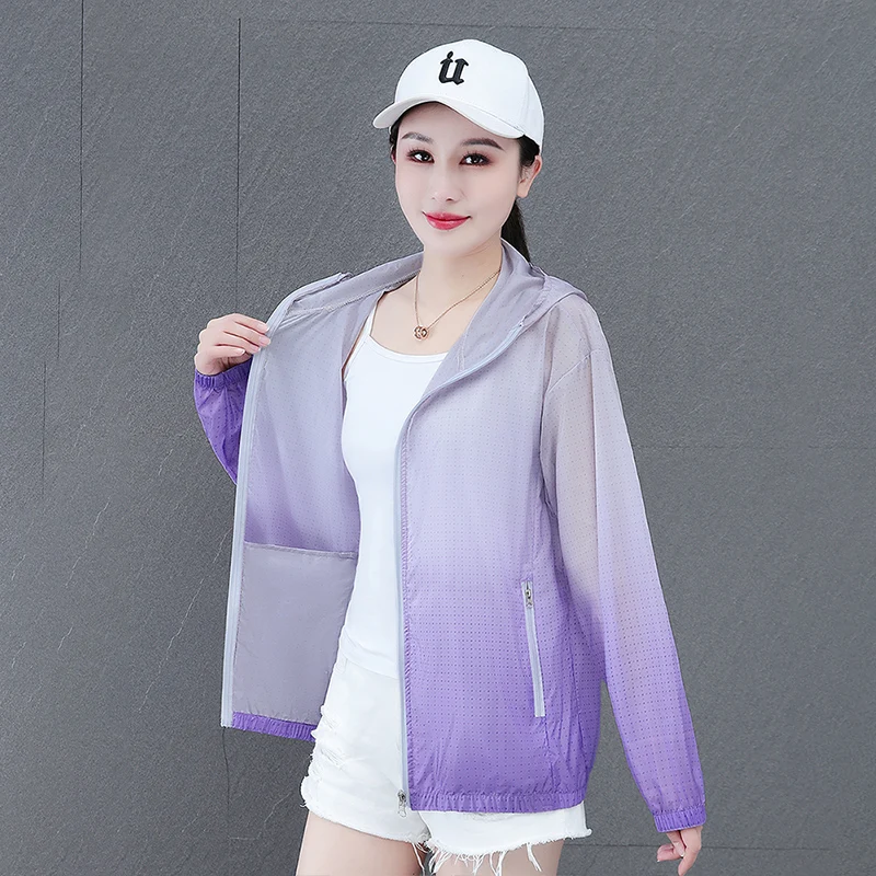 New Fashionable Casual Sports Quick Drying Ice Silk Gradient Color Sunscreen Clothing Women'S Summer Outdoor Uv Resistant Coat