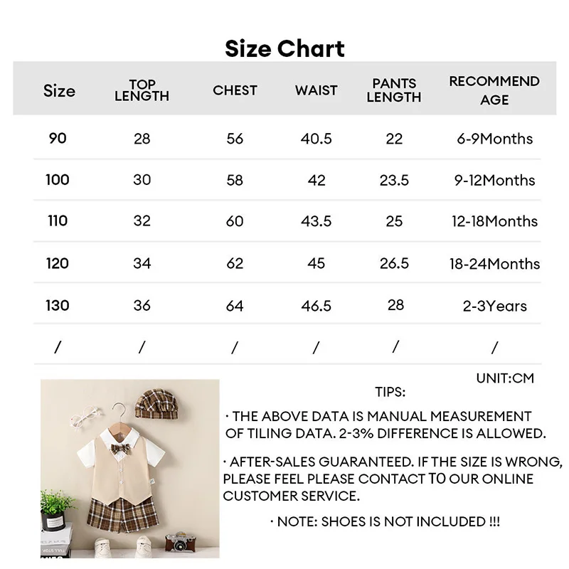 Toddler Baby Boy Summer 3PCS Suit Short Sleeve All-In-One Shirt & Waistcoat + Plaid Shorts + Beret Hat for 0-3Y Newborn Wearing 6