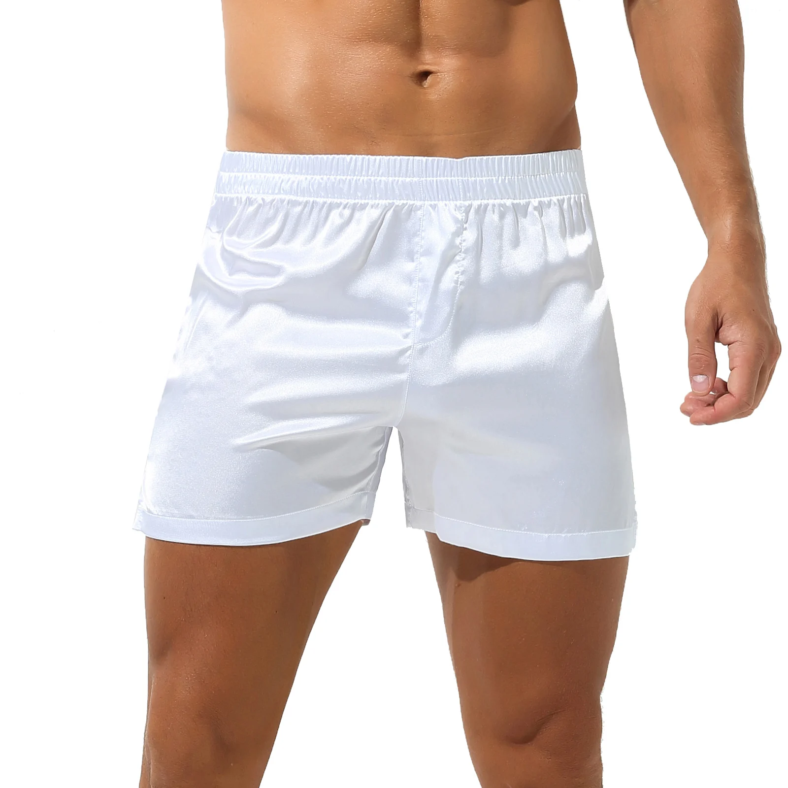 

Men Elastic Waistband Satin Shorts Sleepwear Bottoms Male Mid Waist Side Split Boxer Brief Loungewear