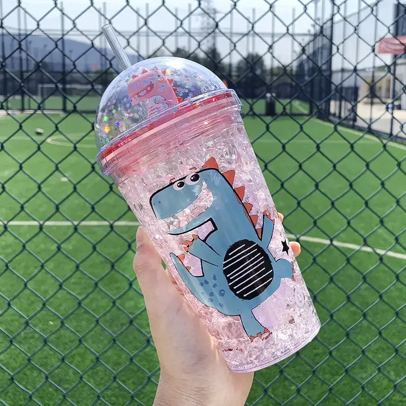 350ml Kid Plastic Cup Straw Dinosaur Doll Double Layer Refrigeration Water Bottle Gift Summer Drinkware Coffee Mug