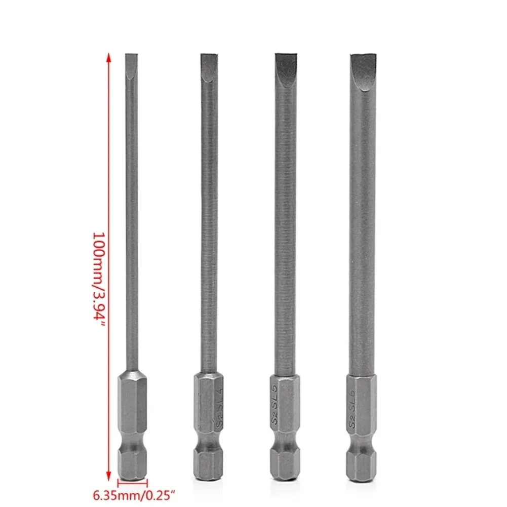 육각 생크 플랫 헤드 윈드 드라이버 드릴 렌치 마그네틱 소켓, 100mm 슬롯 드라이버 비트, 1/4 인치, SL3.0, SL4.0, SL5.0, SL6.0, 4 개
