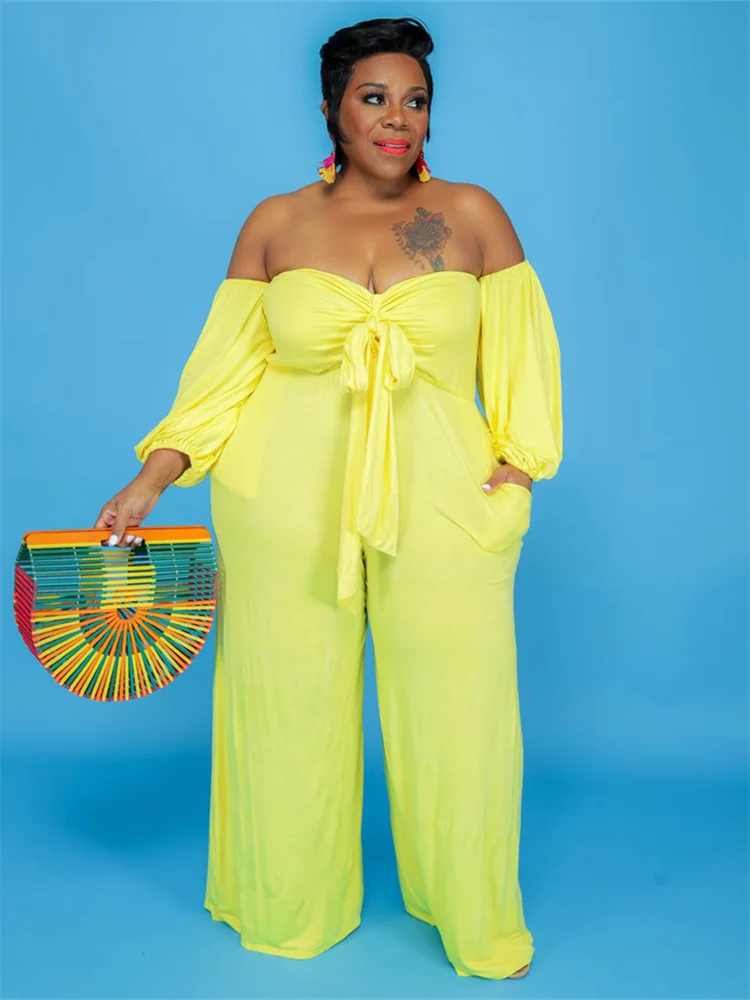 Wmstar Plus Size Jumpsuit Women Clothes Solid Off Shoulder Elastic Waist Wide Leg Romper One Piece Outfit Wholesale Dropshipping