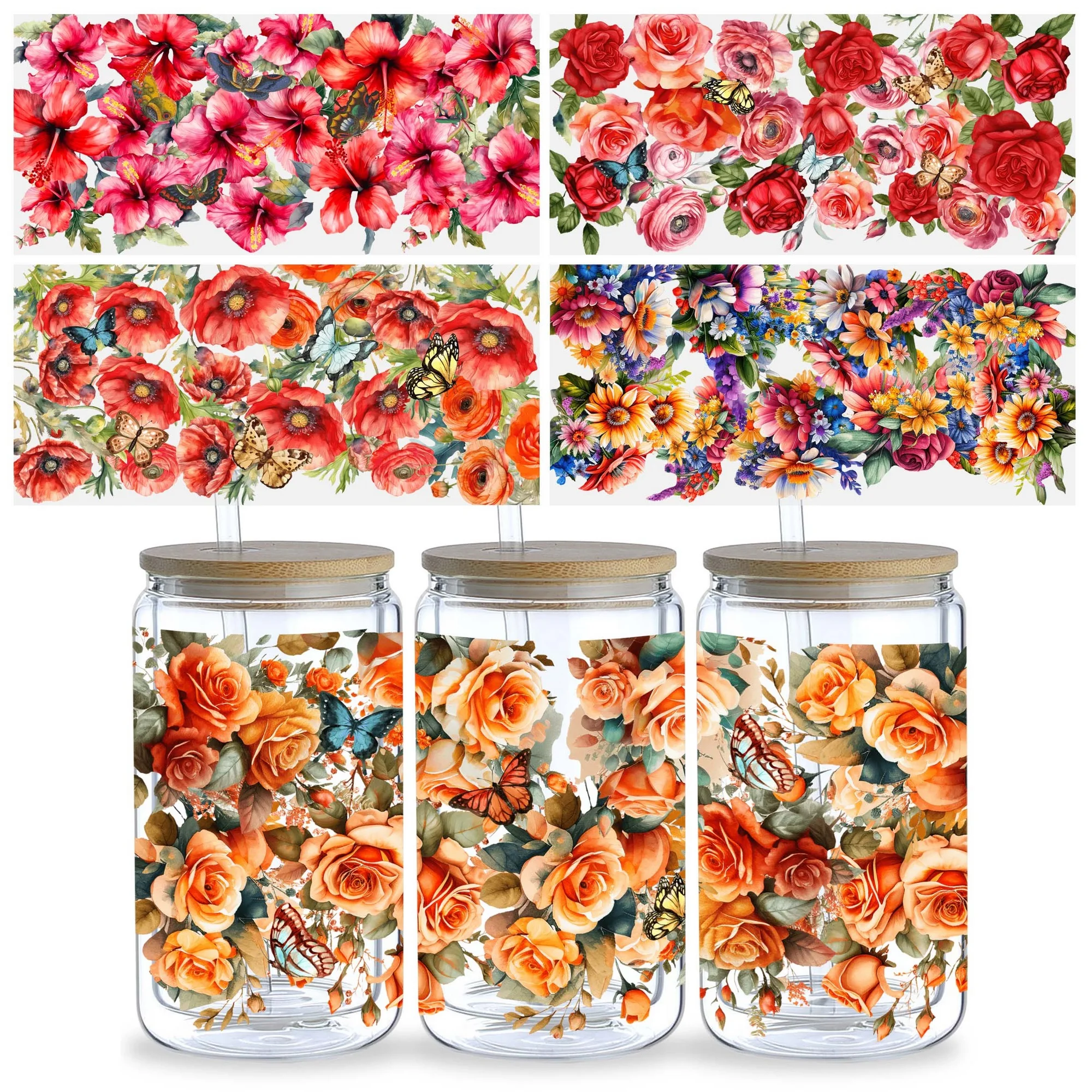 5 Sheets Beautiful Flower UV DTF Glass Cup Packaging Transfer Stickers Wipe-On Transfer Stickers 16oz Glass