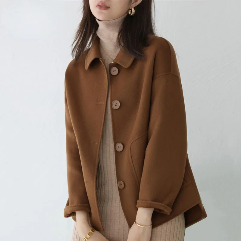 Autumn Trendy Brown Wool Coats Women Korean OL Basic Short Jackets Female Casual Solid Color Turndown High Quality Coat Overcoat winter women winter warm fingerless mitten knitted wool gloves solid color stretch mittens exposed finger short cashmere glove