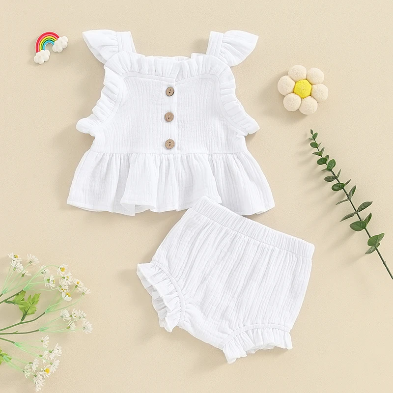 

BeQeuewll Baby Girl 2Pcs Summer Outfits Fly Sleeve Button Down Ruffle Tops + Shorts Set Infant Clothes For 0-3Years