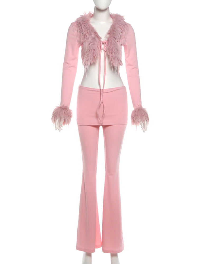 Nibber Sexy 2 Piece Set Women Patchwork Feather Bandages Bell sleeve Crop Top+Peach Hip Flare Pants Stretch Party Streetwear