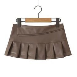 YENKYE Y2K Faux Leather Pleated Mini Skirt Women Sexy Low Waist Zipper Summer PU Skirts Brown White Black