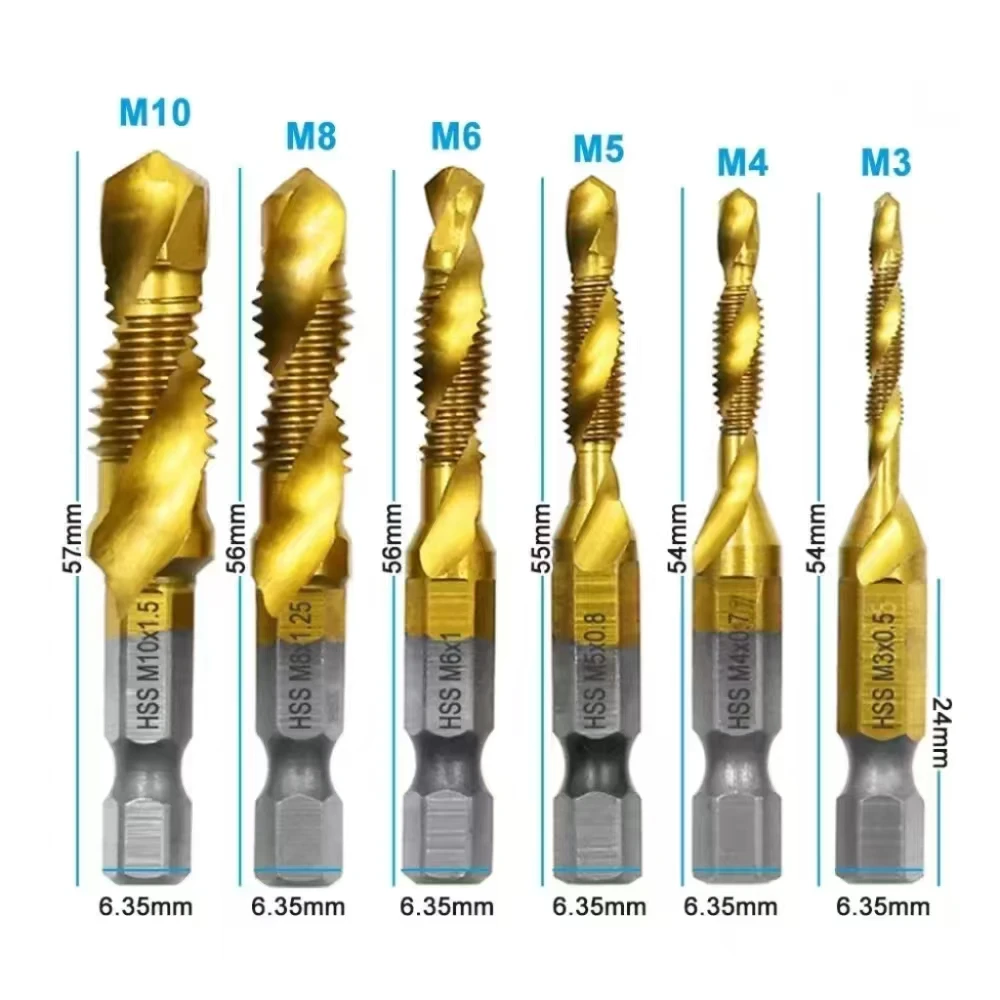 Multi Functional HSS Drilling Tapping Integrated Spiral Tap Hand-held Electric Drill Tap Tool Chamfer Machine Composite 6pcs