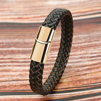 Pulsera de cuero Mibrow trenzado para hombre y mujer, brazalete con cierre magnético de metal, estilo Punk, joyería de moda