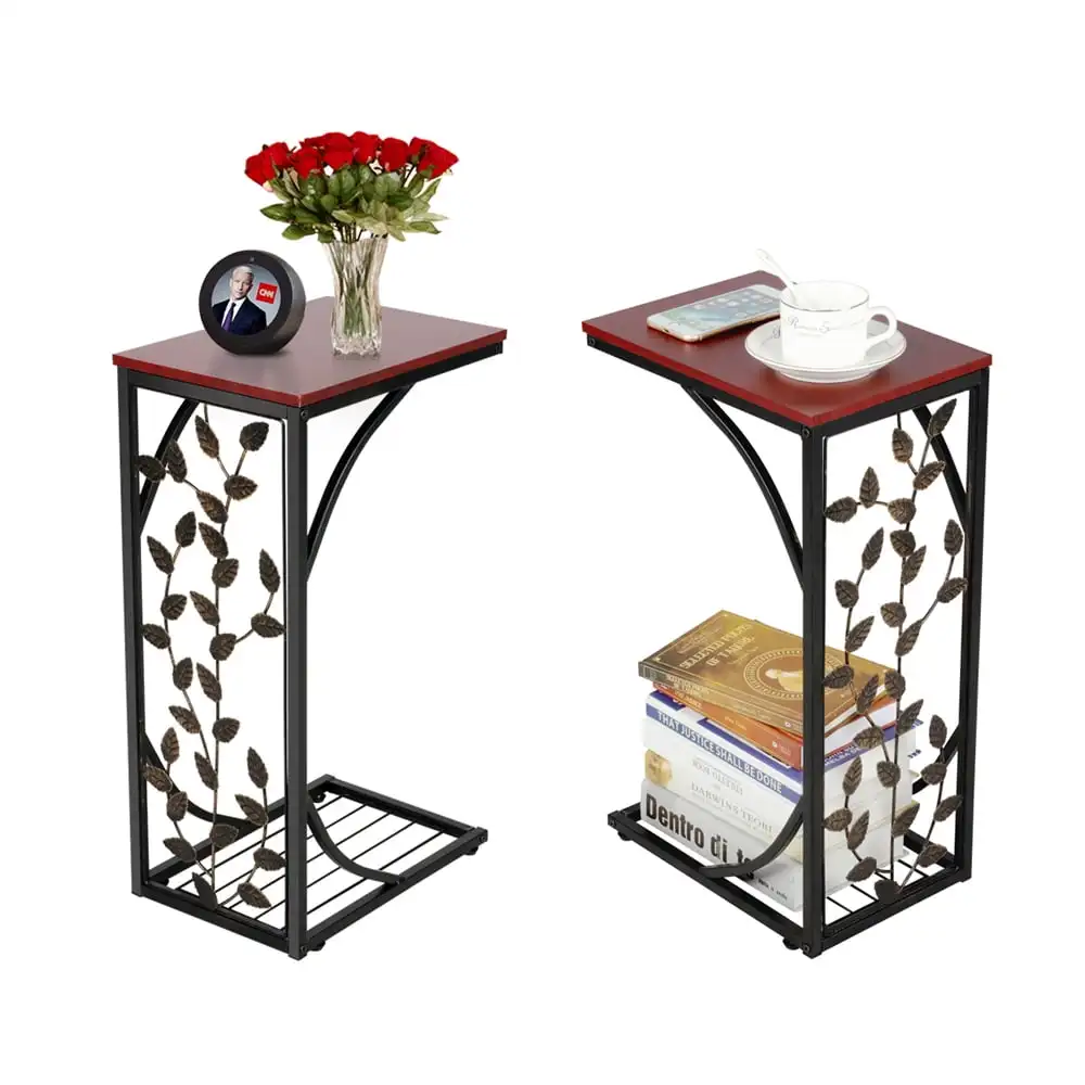 

C-shaped Wood and Metal Leaf Pattern End Table, Set of 2, Brown/Black