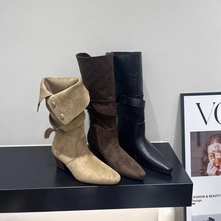 Vintage Women's Mid-calf Boots Autumn Fashion Buckle Strap Pointed Toe Chunky Heel Shoes Height Increase Outdoor Non Slip Boots