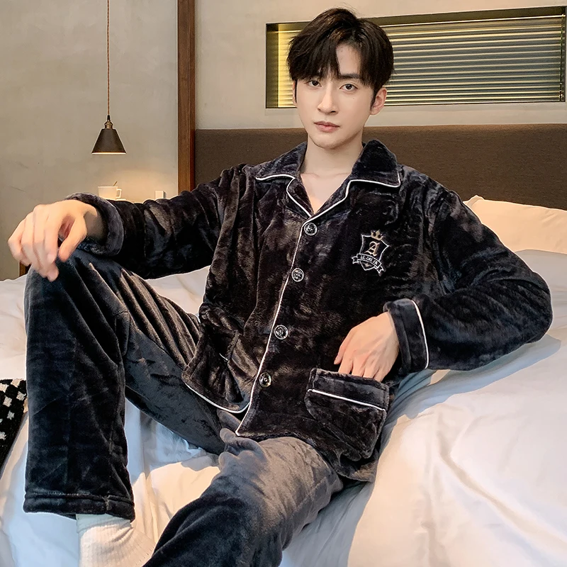 4XL 5XL Men Warm Flannel Winter Pajamas Turn-down Collar Long-sleeved Trousers Two-piece Set Loose Comfortable Sleepwear Suit