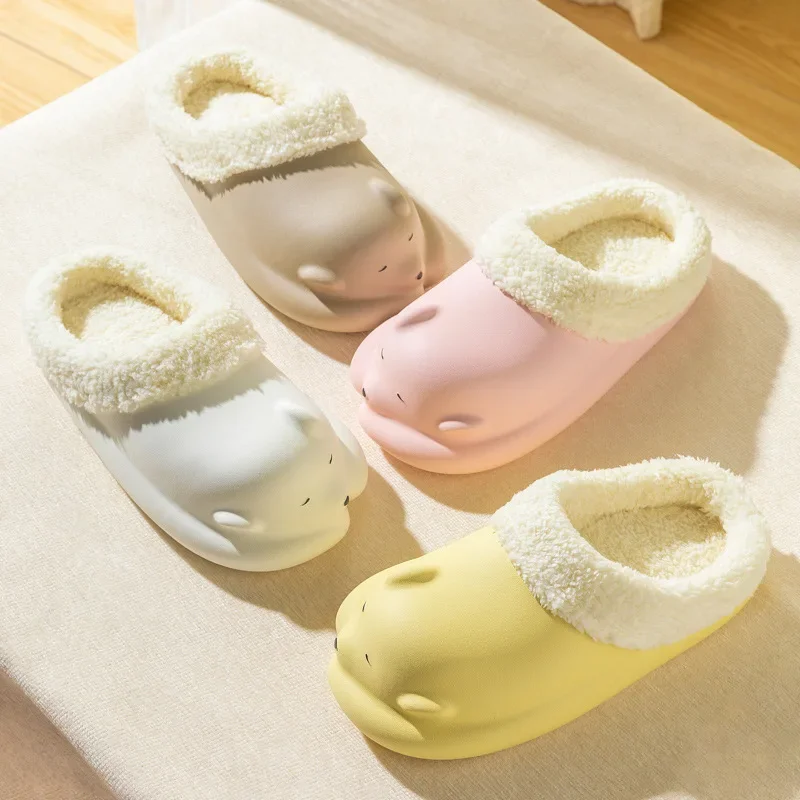 귀여운 강아지 곰 방수 면 신발, 겨울 홈 레저, 따뜻한 부드러운 바닥 플랫 바닥 면 슬리퍼