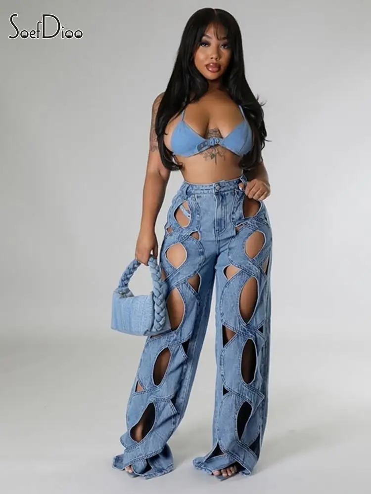 

Soefdioo Fashion Cross Hollow Out Wide Leg Denim Pants Women Hipster High Waist Zip-Up Straight Jeans Trousers 2024 Streetwear