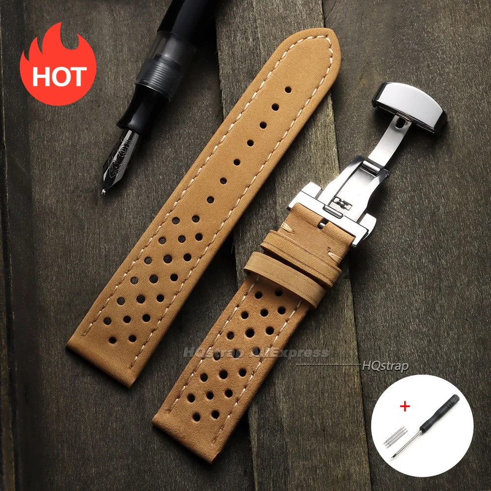 Breathable Leather Watch Strap with Quick Release and Butterfly Buckle