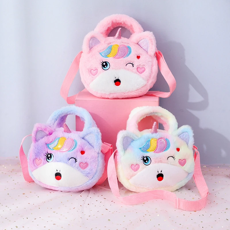 Plush Unicorn Messenger Bag Kawai Children's Shoulder Bag Round Cosmetic Handbag Girls Mobile Phone Storage Coin Purse Wallet