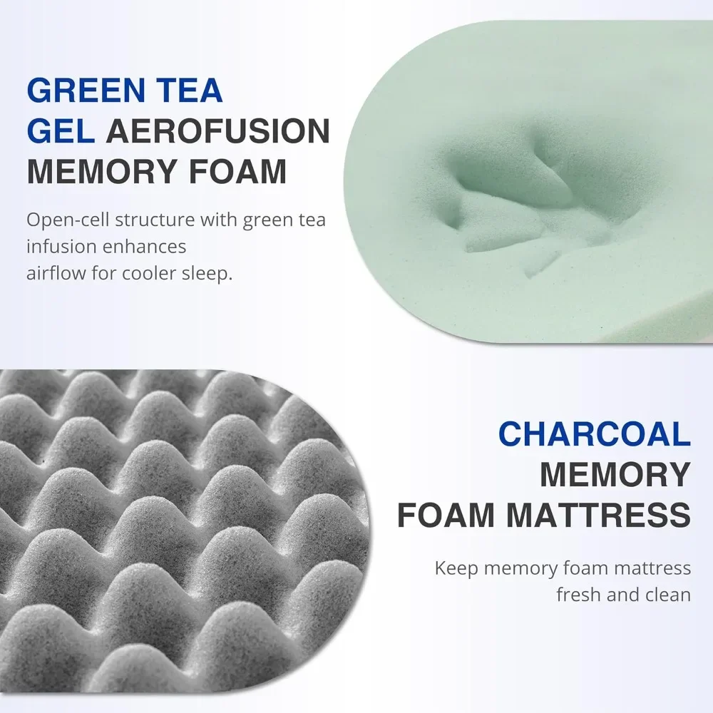 NEW-12 Inch Queen Green Tea Memory Foam Mattress for Cool Sleep & Pressure Relief, Bed in a Box, Removable Cover No Fiberglass,