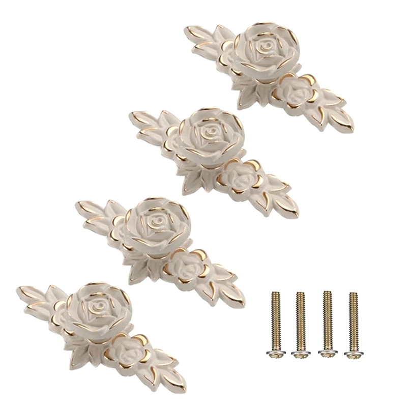 

4Piece Flower Drawer Pull Handles Rose Knob With Plate For Dresser Vanity Nightstand Cupboard