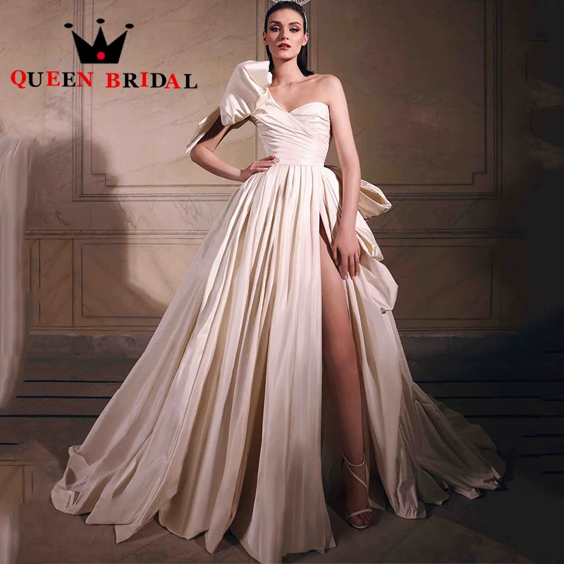 

Elegant Simple Satin Wedding Dresses 2023 Sleeveless A Line One Shoulder Bridal Gown Pleat Vestido De Noiva Custom Made M01J