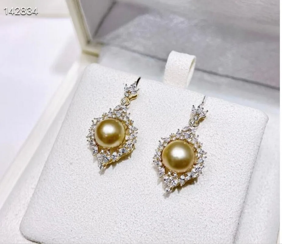 

Gorgeous and huge AAAAA 9-10mm South China Sea gold earrings, pearl earrings, 925s