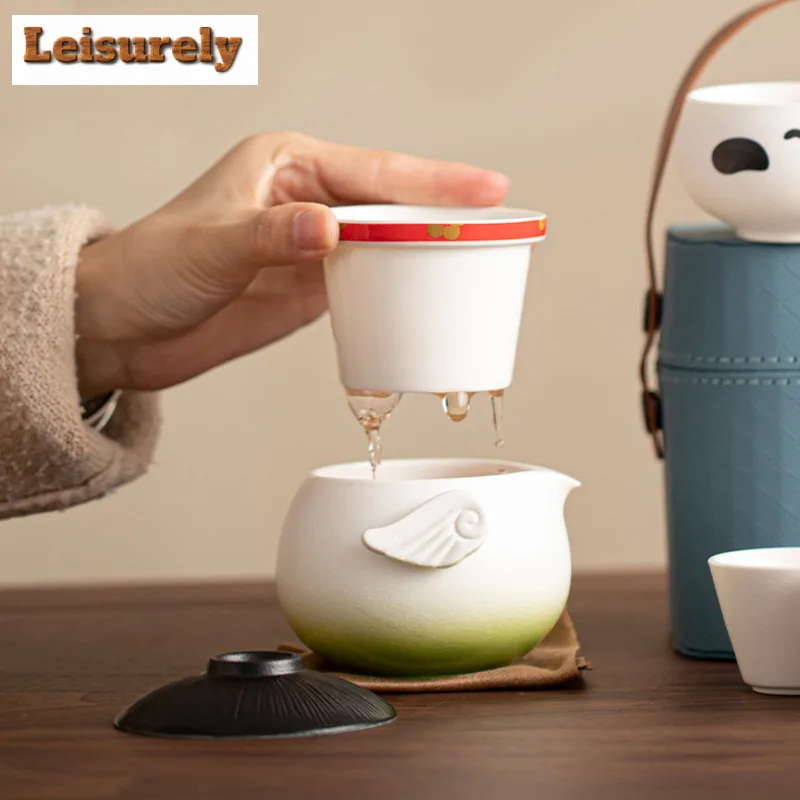 Creative Penguin Duck Ceramic Travel Tea Set Kit Ancient 1 Pot 4 Cups Tea Maker Organizer Portable Camping Tote Bag Ornaments
