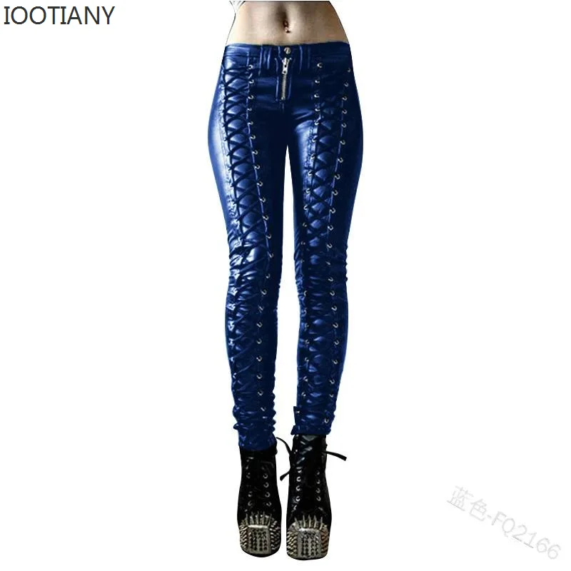 2024 Steampunk Rivet Lace-up Pencil Pants Skinny Trousers Women Retro Pu Pants Leather Pants Streetwear Autumn Casual Trousers