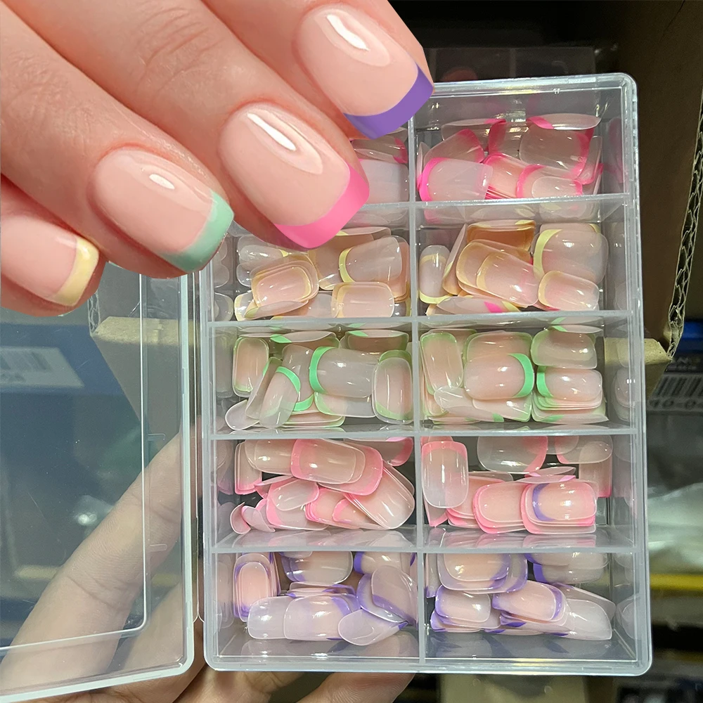 240/120Pcs Colorful French Short Square False Nails Full Cover Fake Nail Tip Extension Acrylic Wearable Ballerina Press on Nails
