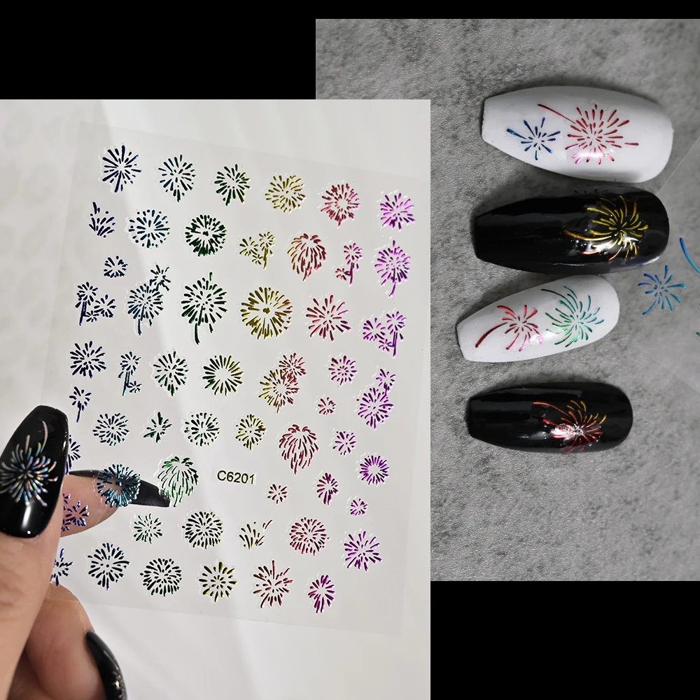 3D Colorful Fireworks Nail Art Stickers Shining Laser Gold Silver Holographic Fireworks Nail Decals New Year Manicure Supplies